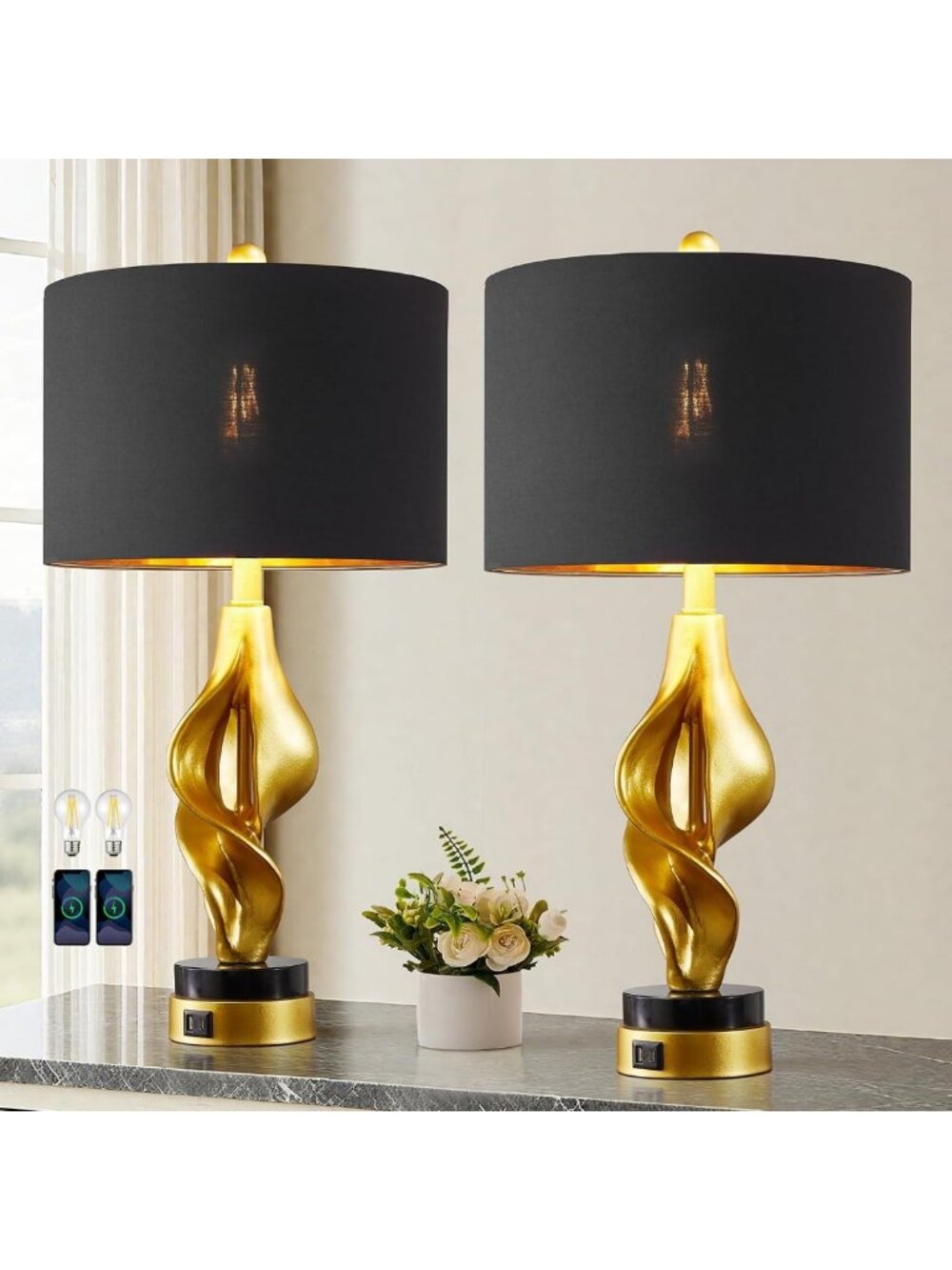 25.5'' Set of 2 Modern Table Lamps for Living Room with USB C+A